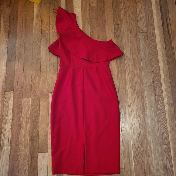 Zara One Shoulder Candy Apple Red Ruffled Pencil Dress Midi Length Holiday Sz M - Picture 10 of 13
